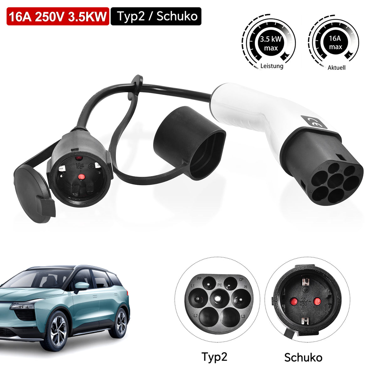 Typ 2 auf Schuko Adapter für EV Ladestation Wallbox Ladekabel Elektroauto T2