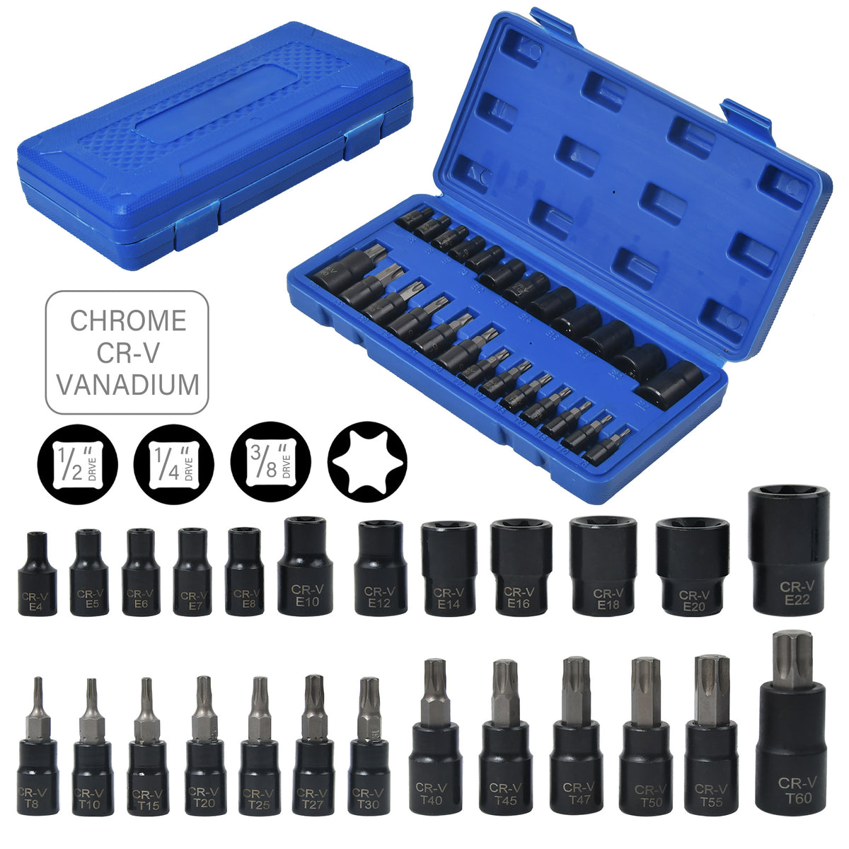 STECKSCHLÜSSEL SATZ TORX NÜSSE T8-T60 + E4-E22 25-TEILIG 1/4 3/8 1/2 ZOLL
