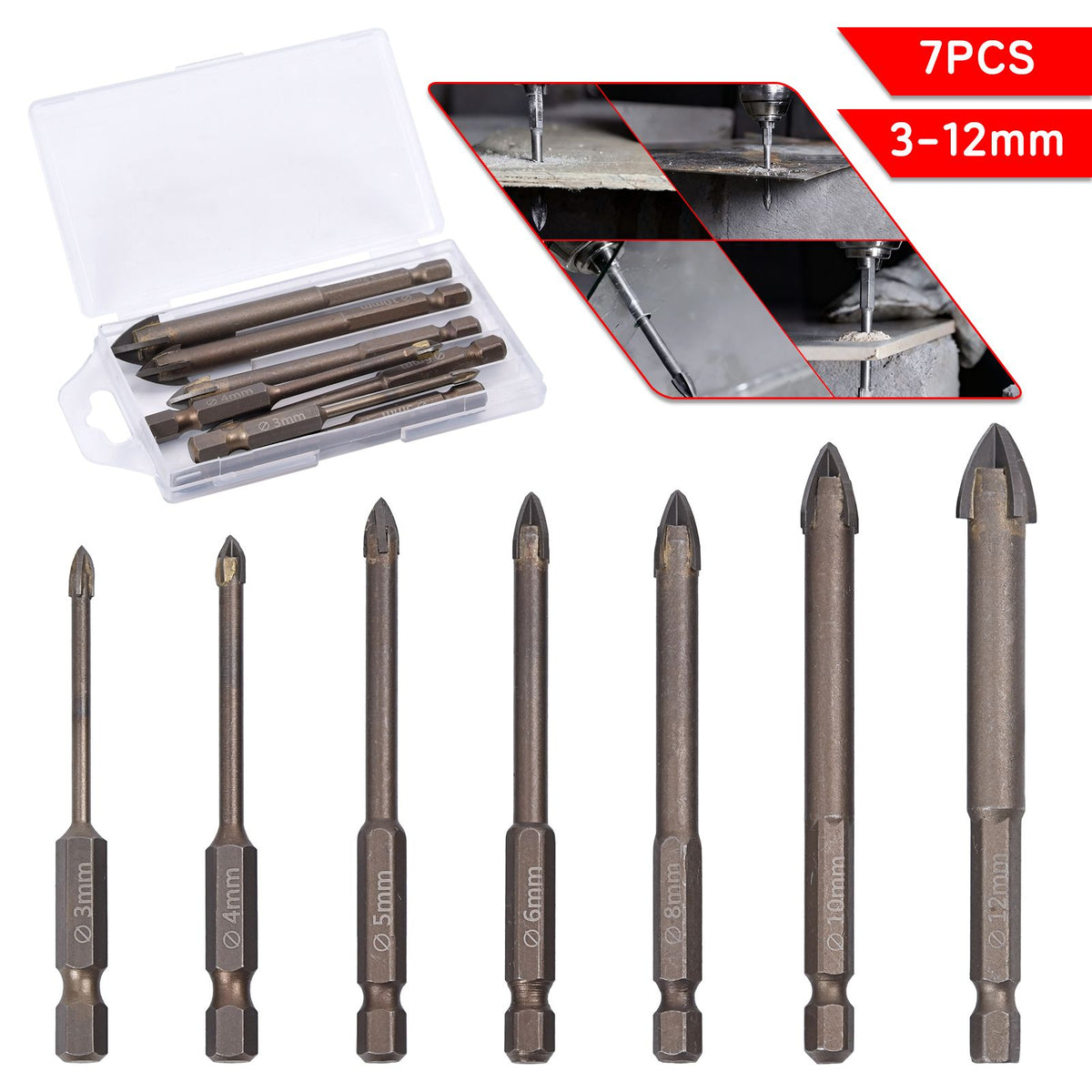 7 Tlg Fliesenbohrer Glasbohrer Keramikbohrer Set 3-12mm für Fliesen