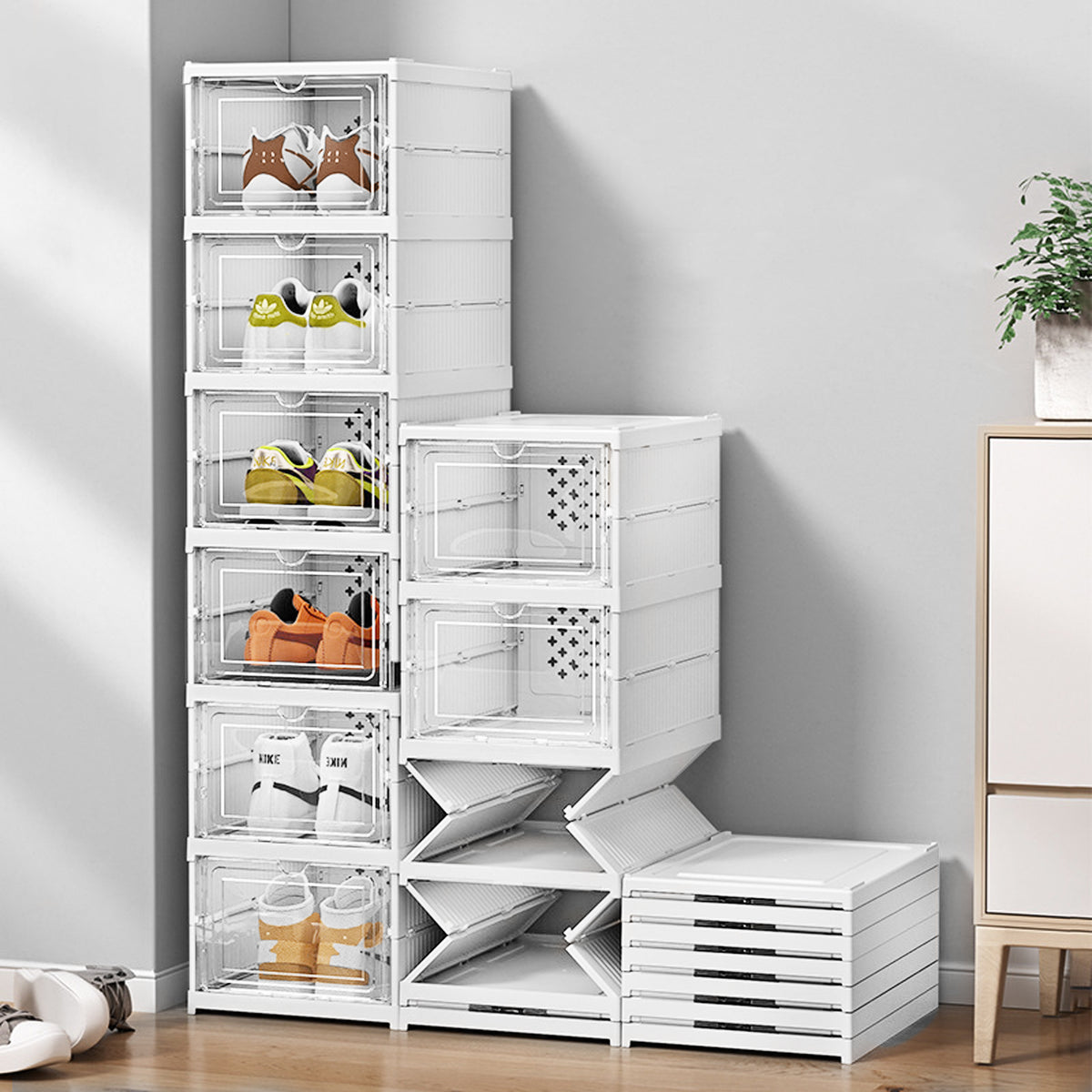 Schuhboxen Stapelbar, Installationsfrei 6-Lagen Faltbare Schuhboxen