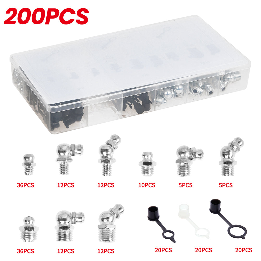 200 Schmiernippel Sortiment Kegelschmiernippel 45° 90° M6 / M8 / M10