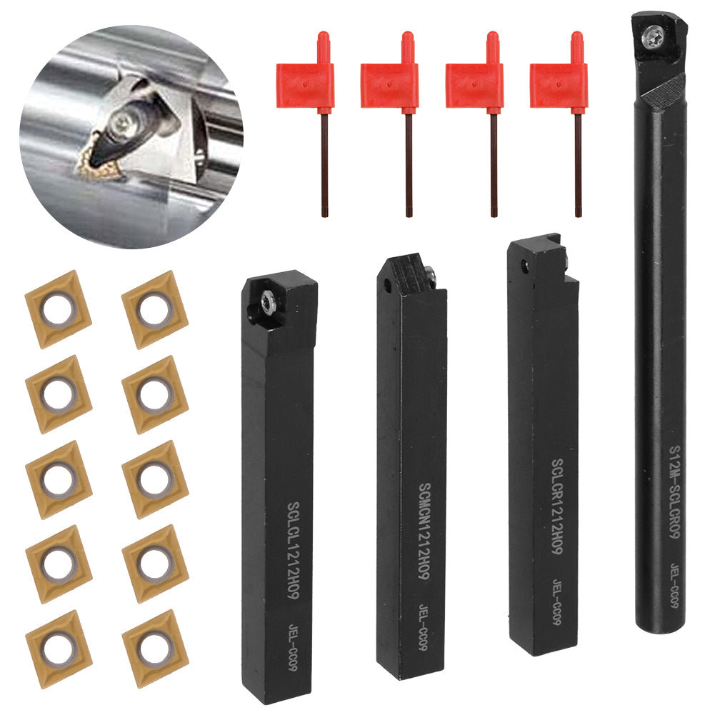 4Pcs 12mm Shank Lathe Turning Tool Holder + 10x Carbide Insert Blades