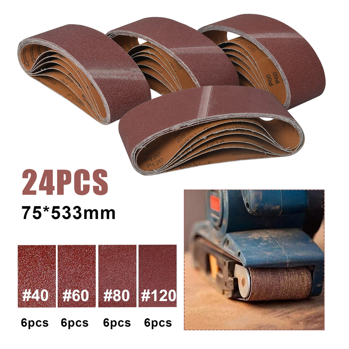24x Schleifbänder 75 x 533mm Schleifband für Bandschleifer 40-120 Korn