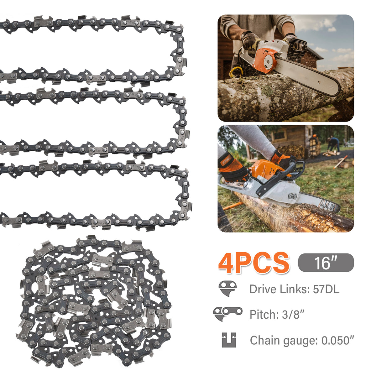 4x 16 Zoll Sägekette für Kettensäge 40cm / 1,3 mm/ 3/8" / 57TG
