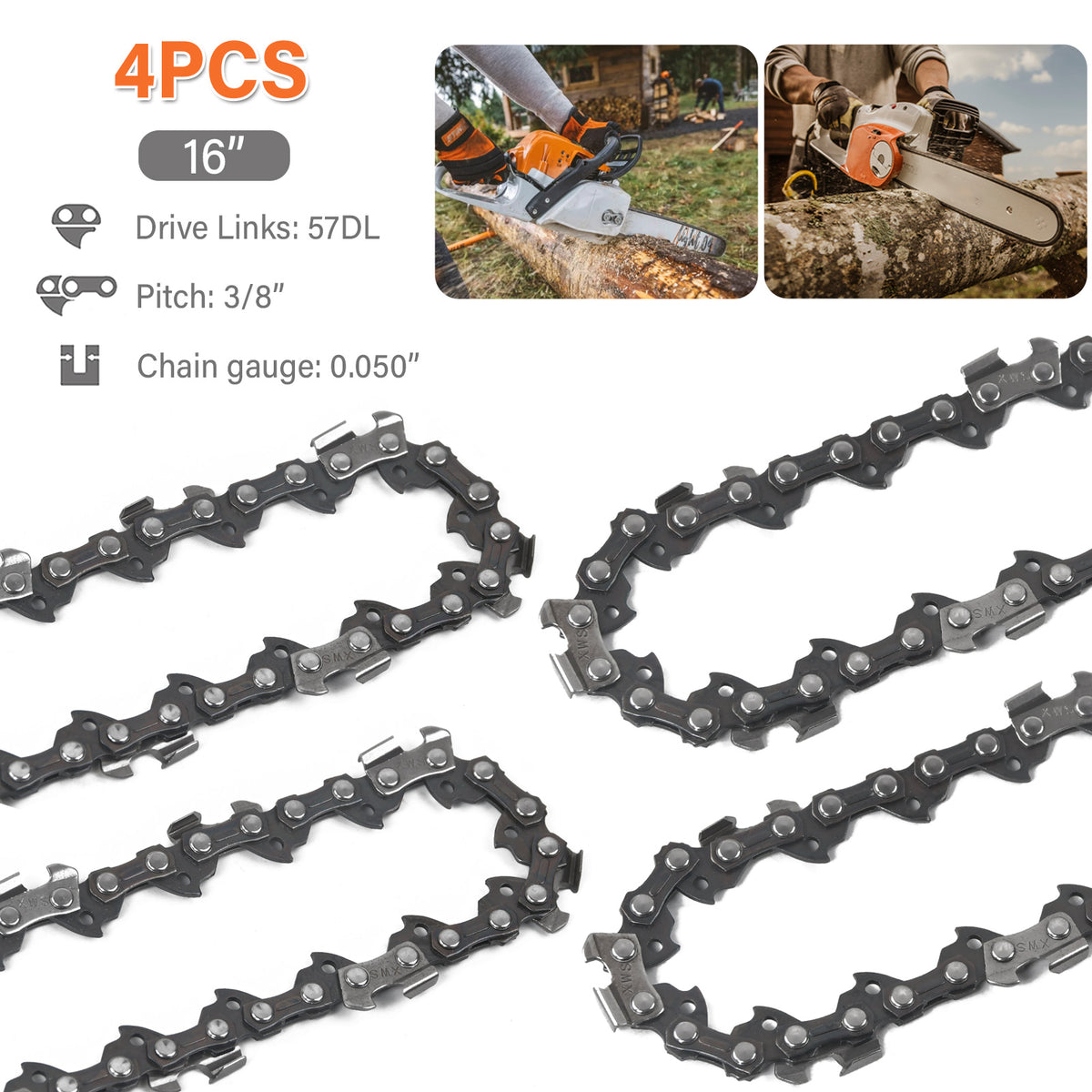 4x 16 Zoll Sägekette für Kettensäge 40cm / 1,3 mm/ 3/8" / 57TG