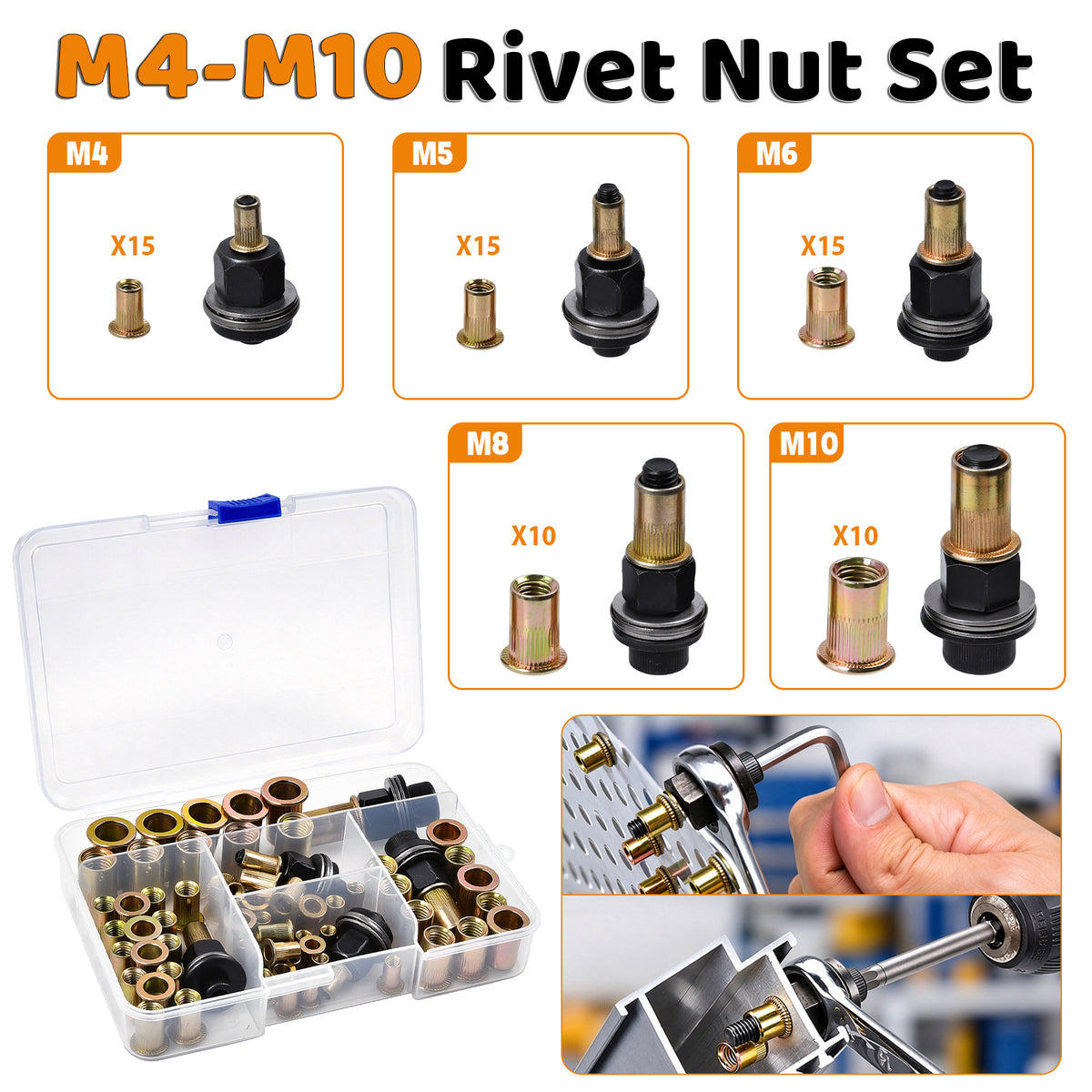 70 PCS Head Rivet Nut M4 M5 M6 M8 M10 Rivnut Kit