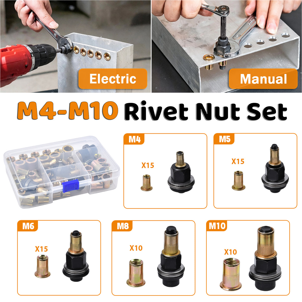 70 PCS Head Rivet Nut M4 M5 M6 M8 M10 Rivnut Kit