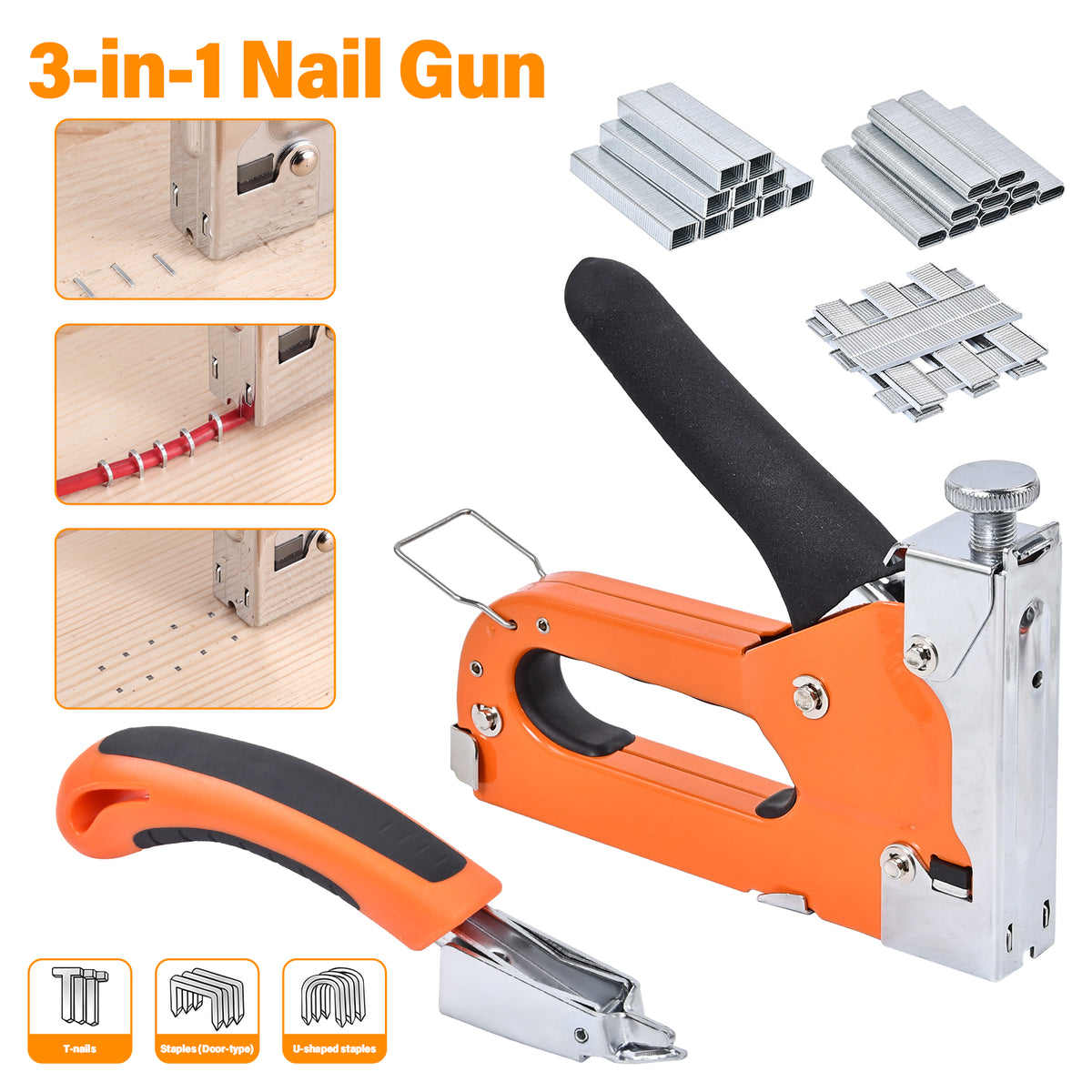 3in1 Handtacker Set 3000 Klammern Türnägel/T-Nägel/U-Nägel Tacker
