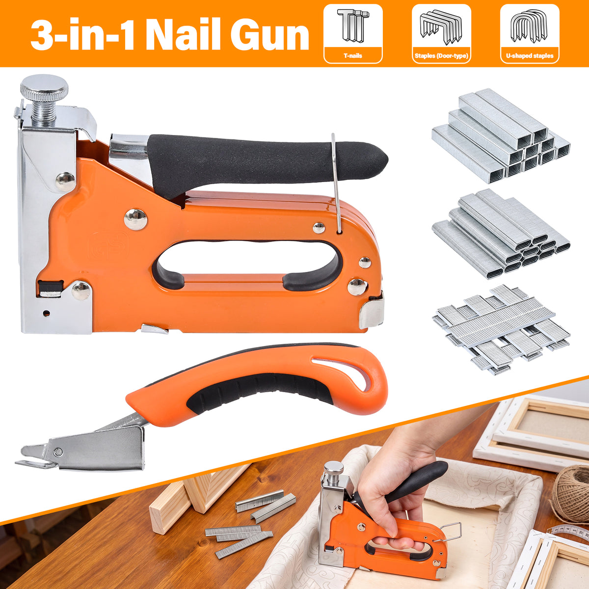 3in1 Handtacker Set 3000 Klammern Türnägel/T-Nägel/U-Nägel Tacker