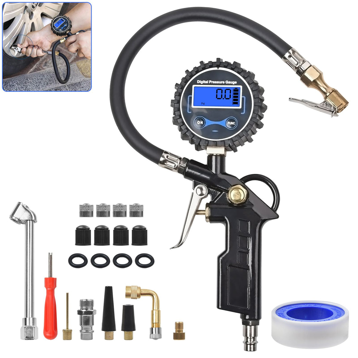 Digital Reifenfüllpistole Luftdruckprüfer Druckluft Reifenfüller Manometer 1/4"