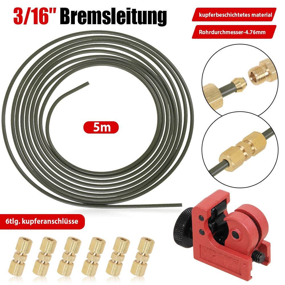 5M Bremsleitung 3/16" 4,75mm + 6x Kupfer Schnellverbinder + Rohrschneider